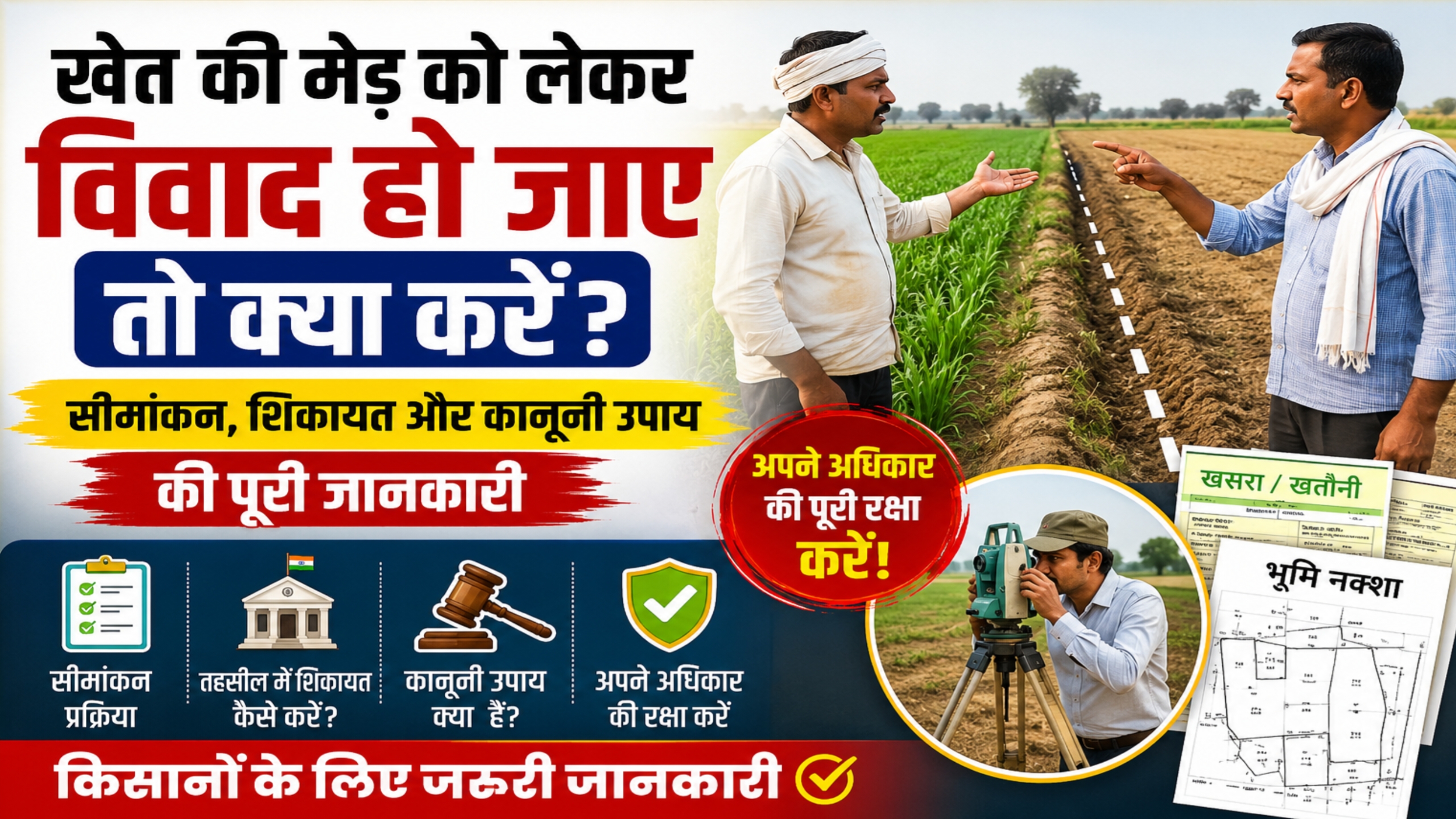 खेत की मेड़ विवाद समाधान, सीमांकन प्रक्रिया, किसान जमीन सीमा विवाद, तहसील में शिकायत, भूमि रिकॉर्ड जांच