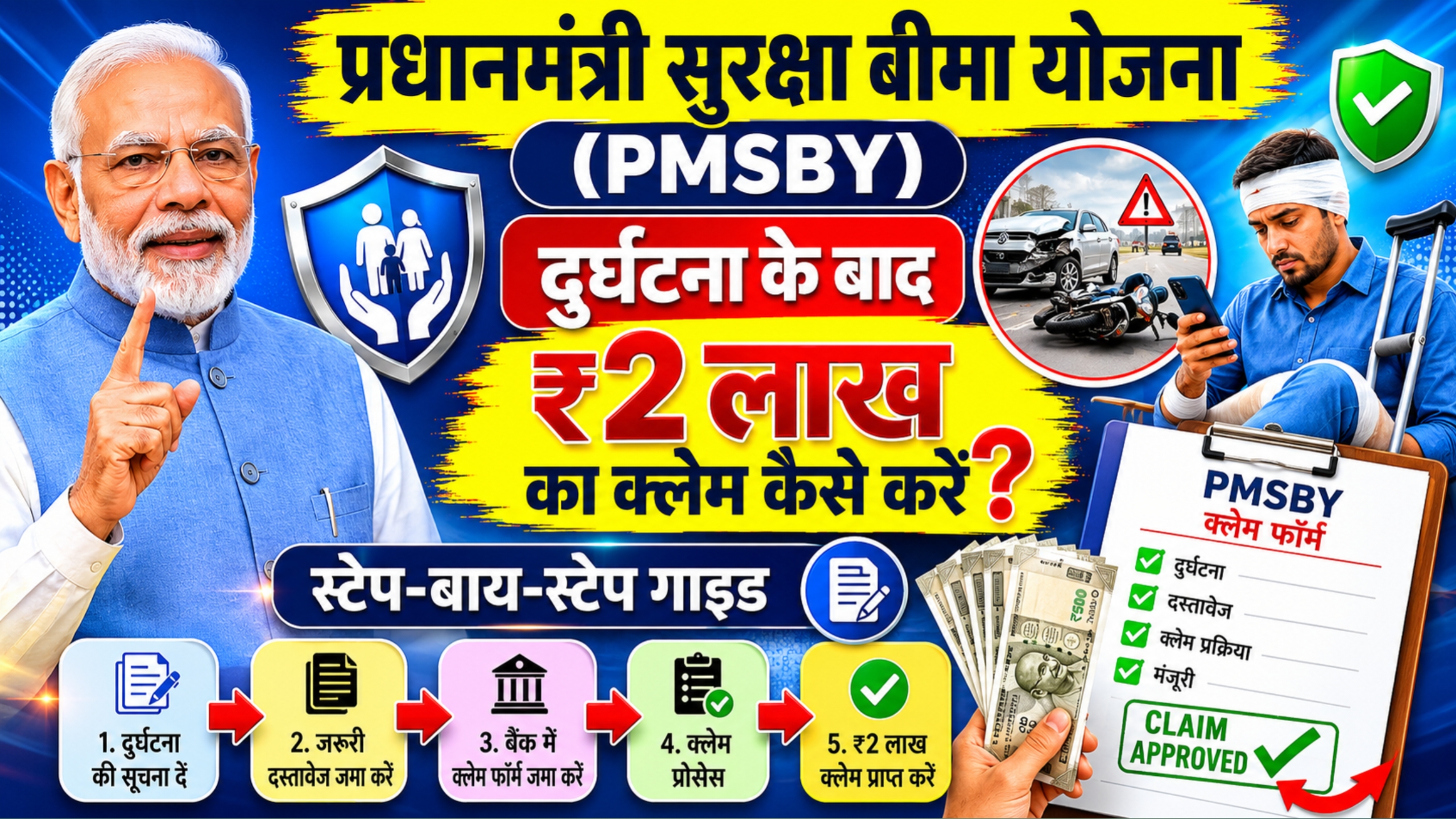 "प्रधानमंत्री सुरक्षा बीमा योजना (PMSBY) क्लेम फॉर्म और आवश्यक दस्तावेजों की सूची की स्टेप-बाय-स्टेप गाइड ग्राफिक्स"