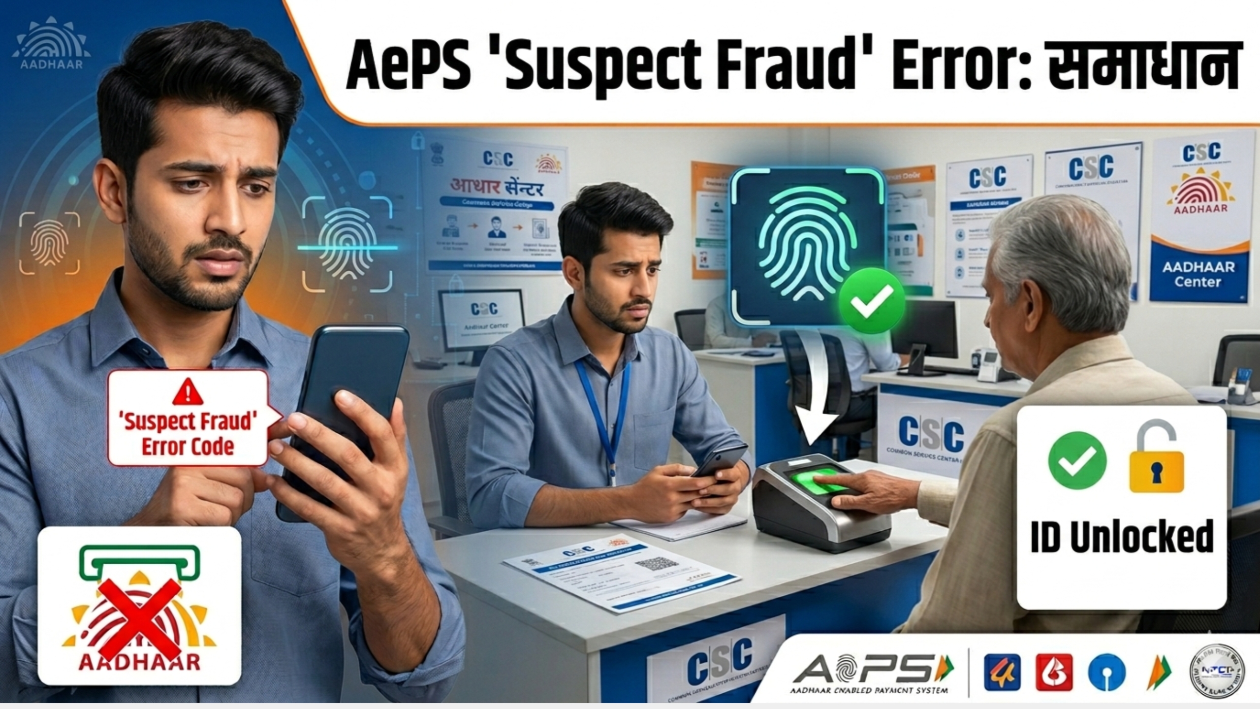 AePS Suspect Fraud Error Code and ID Unlock Process Hindi
