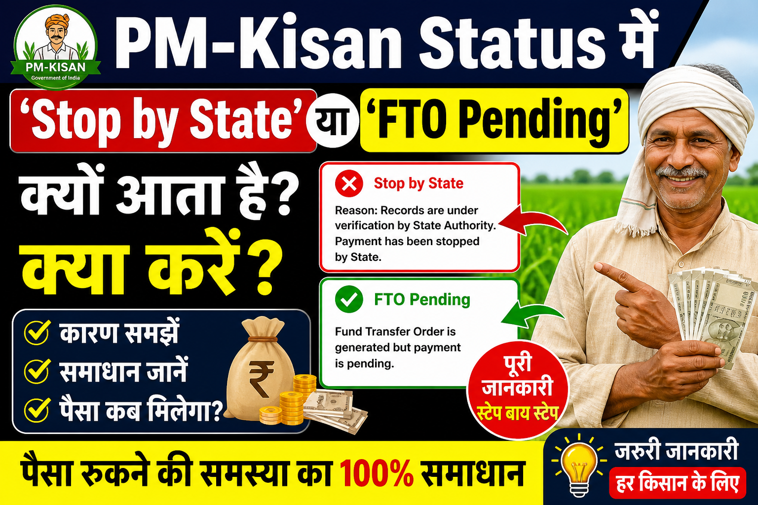 पीएम किसान स्टेट stop by status या FTO PENDING शो हो रहा है तो इसका समाधान।