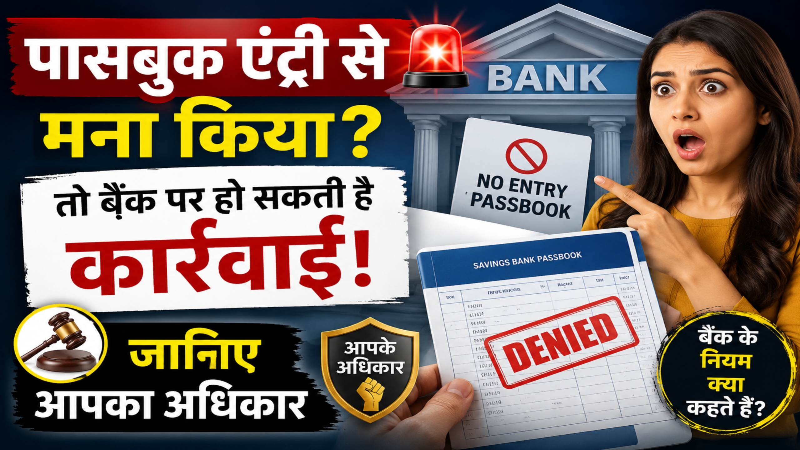बैंक कर्मचारी द्वारा पासबुक एंट्री से मना करने और ग्राहक के अधिकारों से संबंधित जानकारी दर्शाता हुआ थंबनेल, जिसमें बैंक, पासबुक, कार्रवाई और बैंकिंग नियमों को हाइलाइट किया गया है।