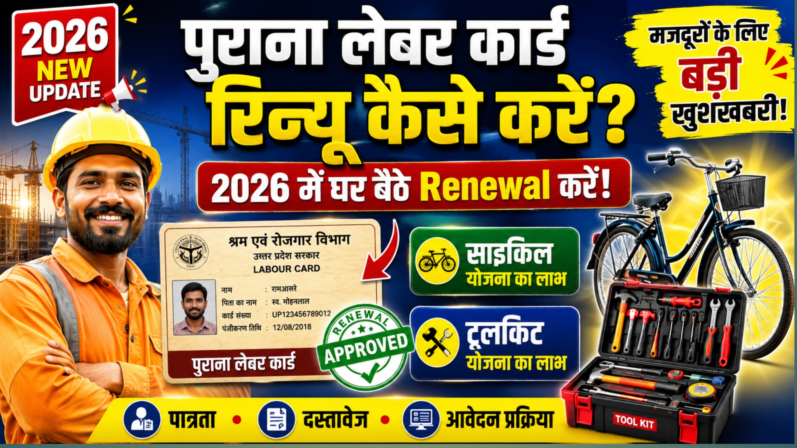पुराना लेबर कार्ड रिन्यू कैसे करें 2026? साइकिल और टूलकिट योजना का लाभ कैसे लें